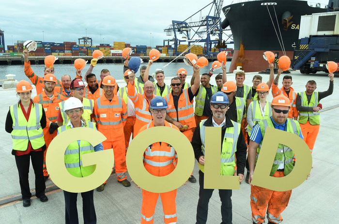 PD Ports' workers celebrating the Gold status awarded by the Royal Society for the Prevention of Accidents (photo: PD Ports)